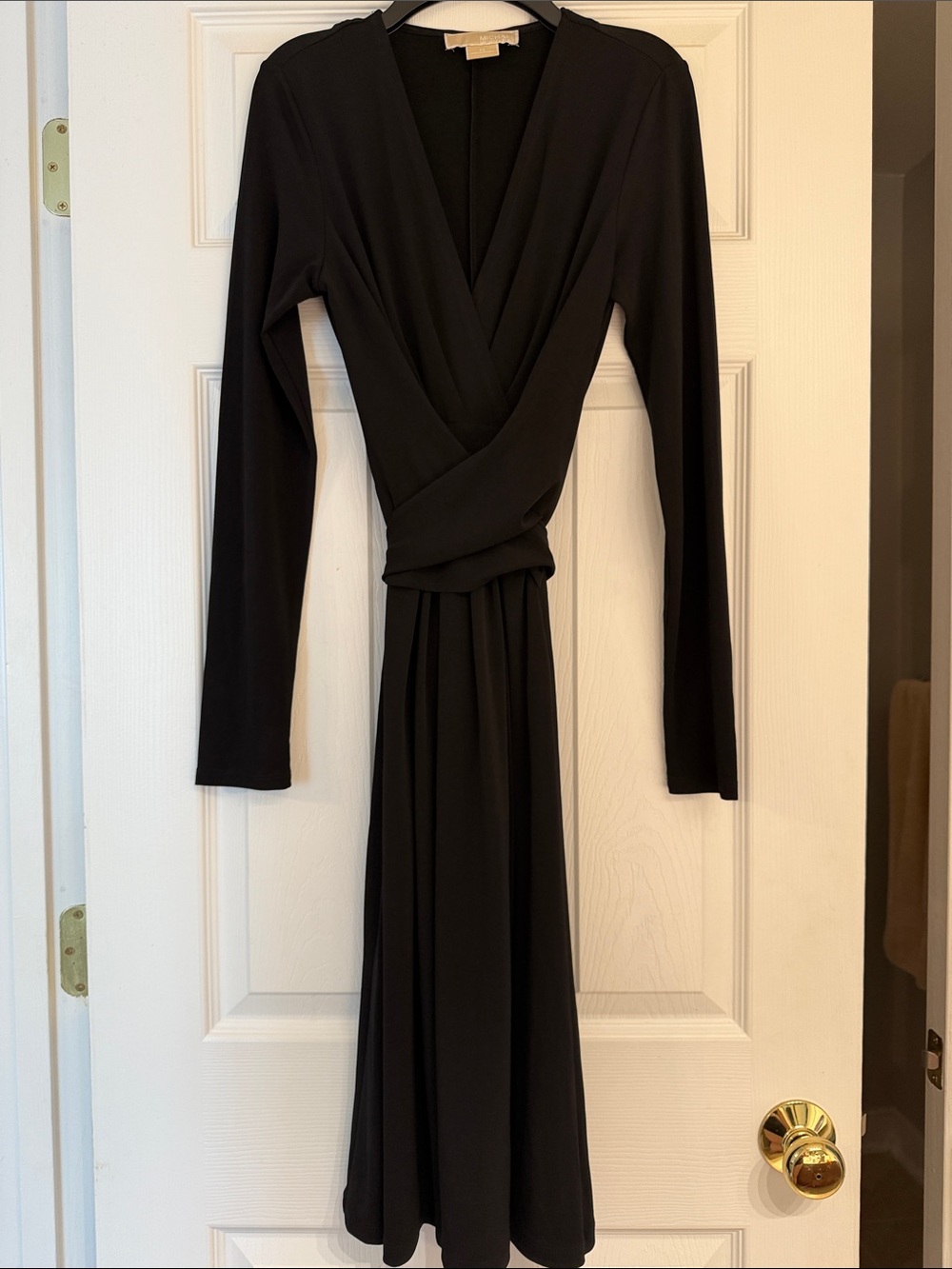 MICHAEL Michael Kors Black Long-Sleeve Wrap Midi Dress with Draped Waist